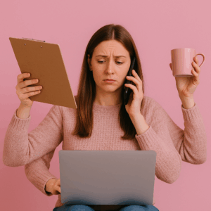 A female employee multitasks with a laptop, clipboard, phone, and coffee, representing the challenges of standalone roles in a business.